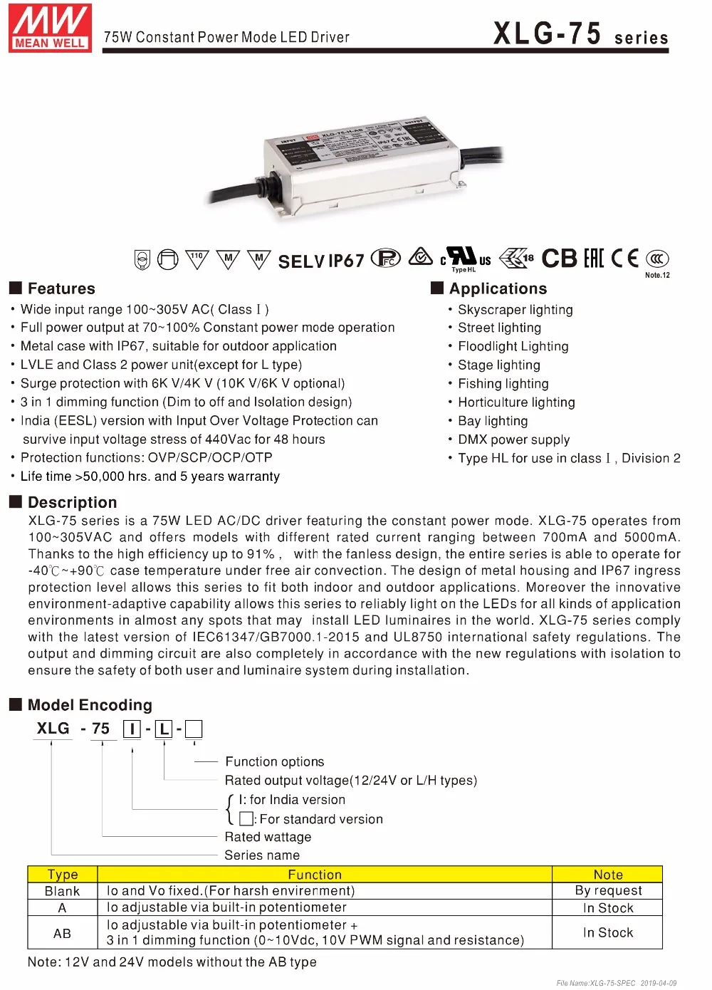 Бренд MEAN WELL представляет XLG-75-H-A 75 Вт 27-56в 1400mA постоянного Мощность режим светодиодный драйвер светодиодный Питание регулируемый