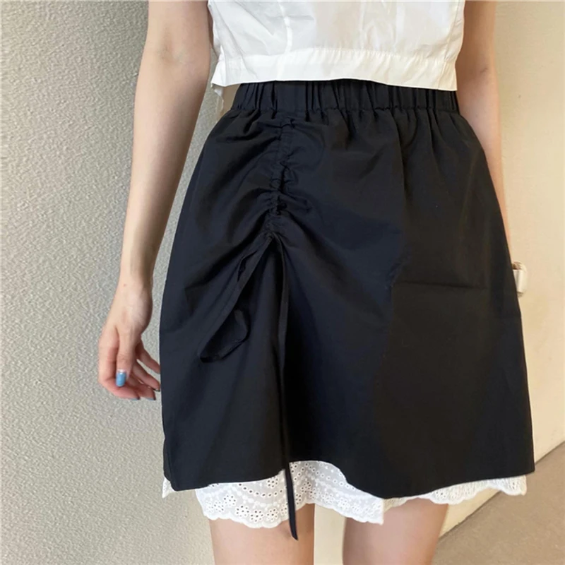 

Elastic Waist Summer Mini Skirts Women Drawstring Patchwork White Lace Designer Black Skirts Irregular Office Lady Clubwear X235