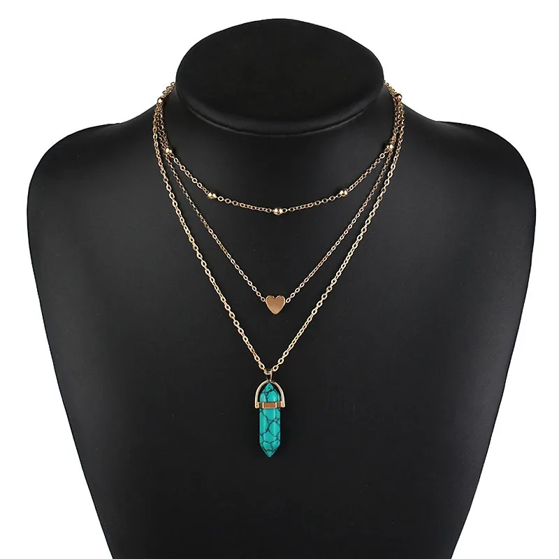 Turquoise Vintage Opal камень Чокеры Цепочки и ожерелья s модная разноцветная Слои хрустальное сердце кулон Цепочки и ожерелья массивные Богемские ювелирные изделия для Для женщин - Окраска металла: Turquoise