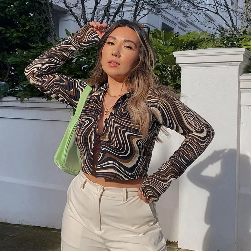 

Wave Print Vintage Long Sleeve T Shirt Women Spring Summer Fashion Harajuku Clothes Turn Down Collar Crop Graphic Tee