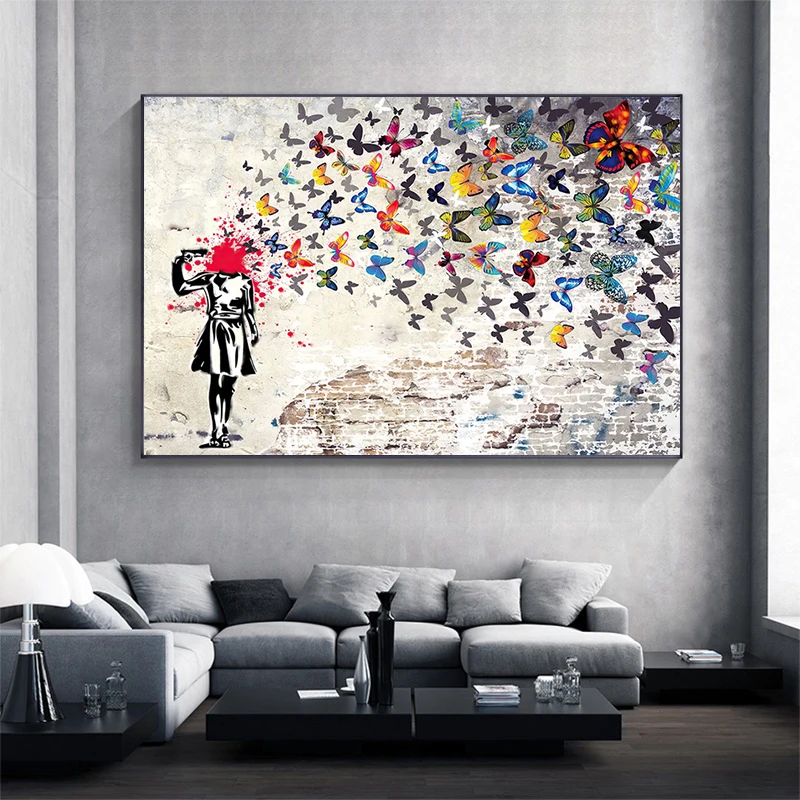 Бэнкси произведение искусства девушка с Бабочкой Холст настенные картины