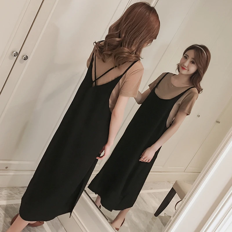 1927# 2PCS/Set Summer Korean Fashion Maternity Long Dress Sexy Sweet Side Splits Sling Dress for Pregnant Women Pregnancy Shirt