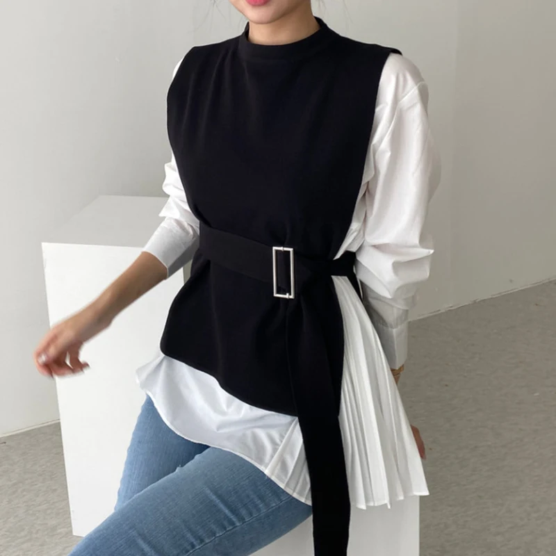 

SuperAen 2021 осень нерегулярные органные плиссированные Женские рубашки + пояс вязаный жилет комплект из двух предметов