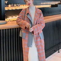 new korean fashion loose vintage temperament woolen overcoat orange plaid long coat jacket female autumn winter windbreaker 2021