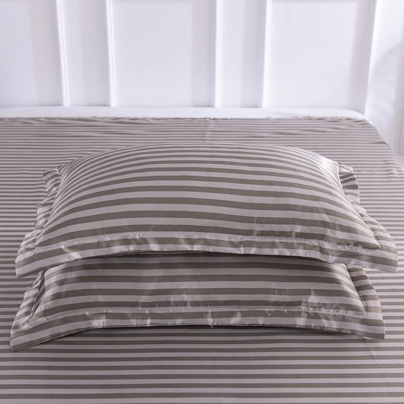 

Coffee Striped Satin Silk Bedding Set Duvet Cover Set with Bed Sheet Pillowcase Home Textile Ice Silk Bedclothes Bedroom Decor