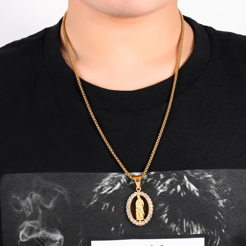 

HIP Hop Gold Color Stainless Steel Bling Iced Out Rope Chain Virgin Mary Pendants & Necklaces for Men Jewelry
