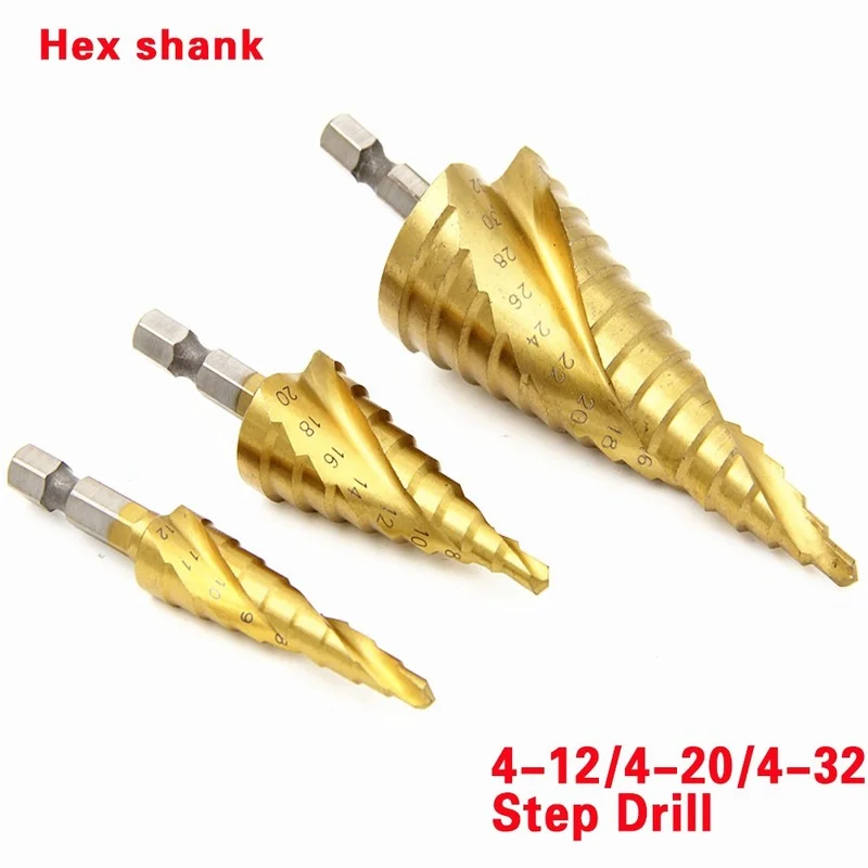 

3Pcs 3-12mm 4-12mm 4-20mm HSS Straight Groove Step Drill Bit Titanium Coated Wood Metal Hole Cutter Core Cone Drilling Tools Set