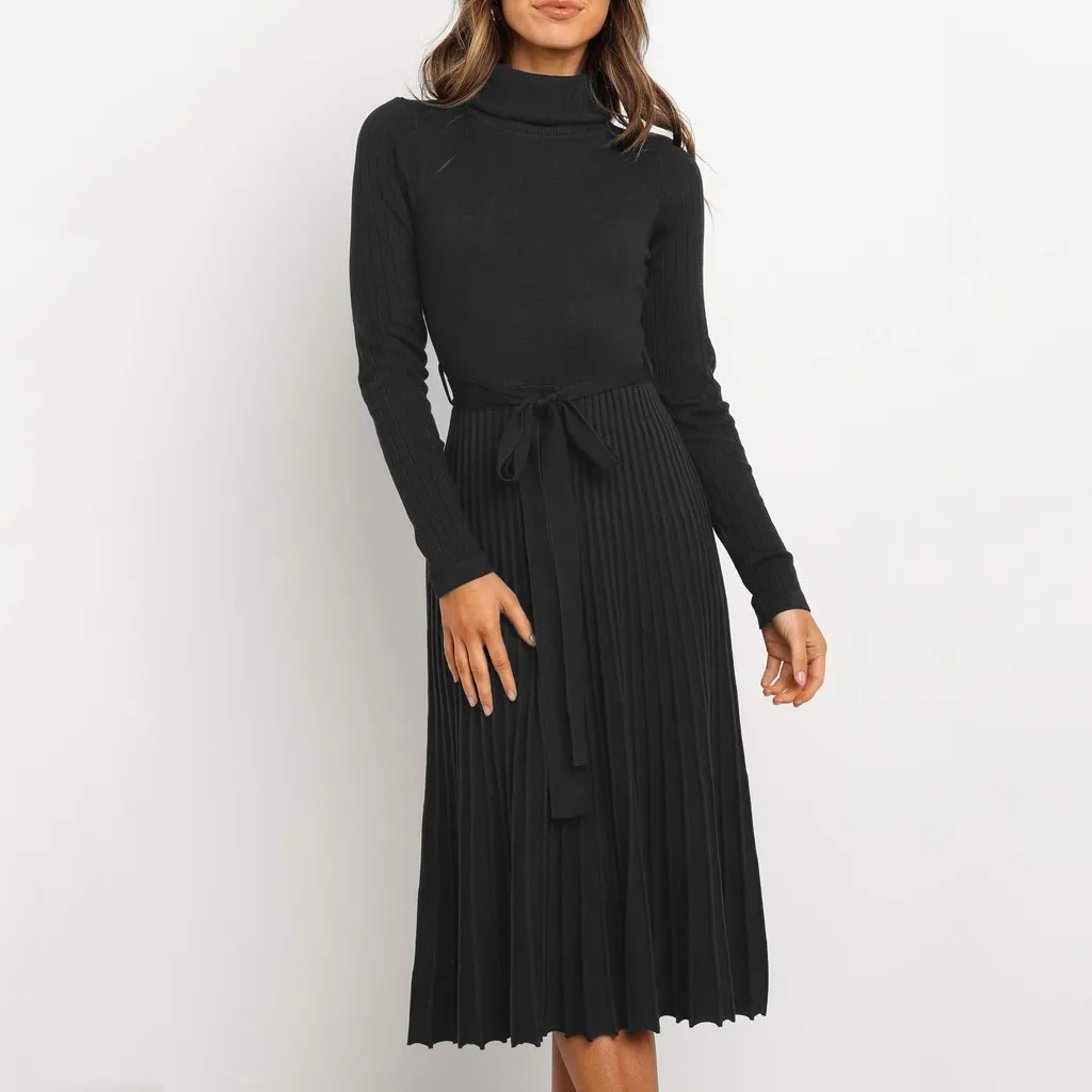 2019 осенне зимнее женское черное вязаное платье модное Повседневное с высоким