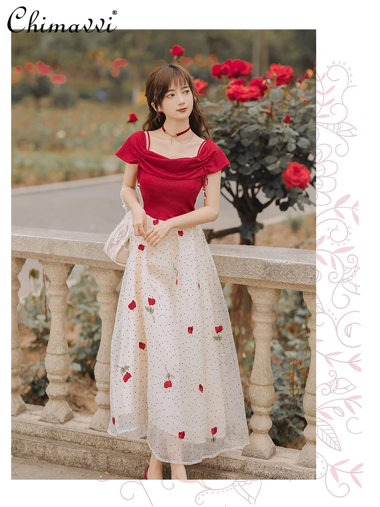 

Summer Vintage Short Sleeve Elegant Dress for Women Waist Slimming Splicing Sling Dress Lady Square Collar High Street Dress