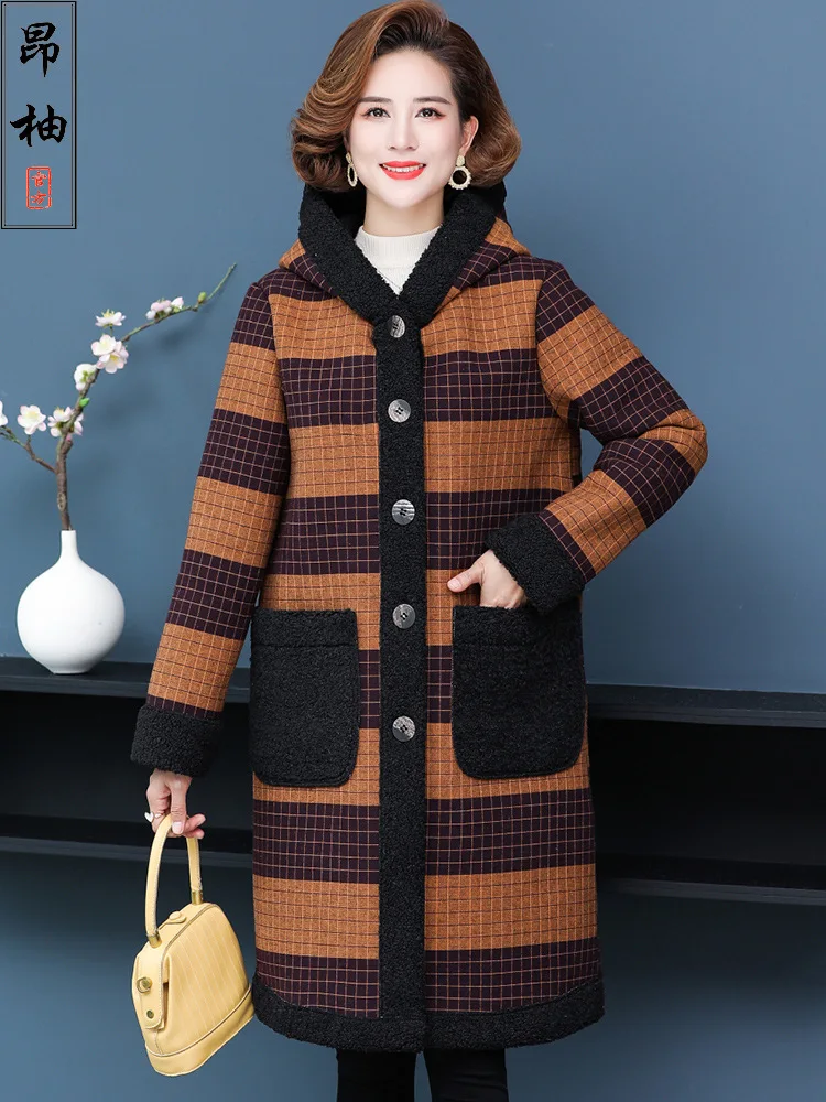 

Mother wear winter plush plaid mid-length coat, fashionable woolen cloth, large size cotton clothing, casual women's cotton coat