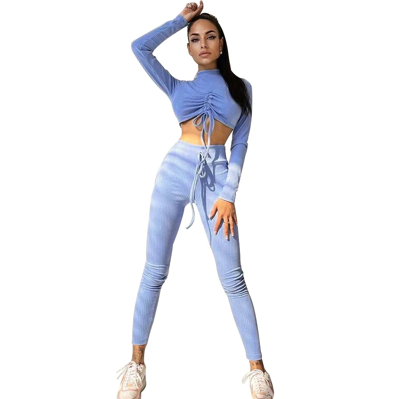 

2021 Autumn Women Sport Long Sleeve Bodycon Bandage Drawstring Crop Top Pants 2 Pieces Sets Sweatpants Tracksuit Y2K