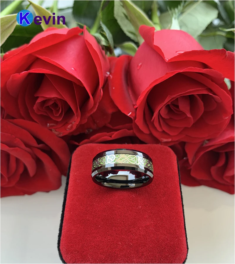 

8MM Tungsten Carbide Ring Black Men Ring With Green Carbon Fiber And Dragon Inlay Comfort Fit