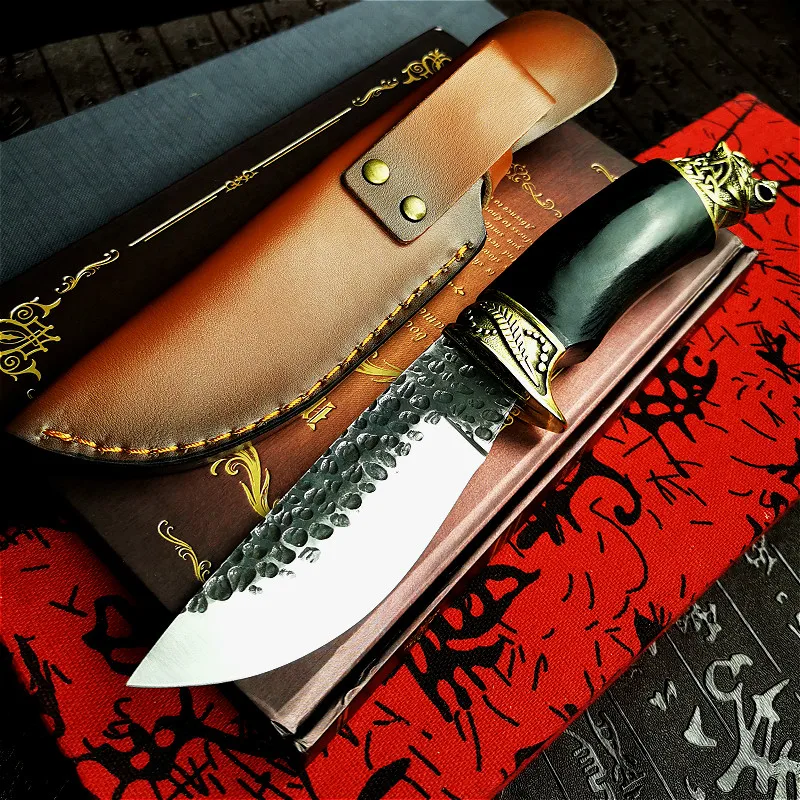 Охотничий нож прямой резец с черной деревянной ручкой и головой тигра для