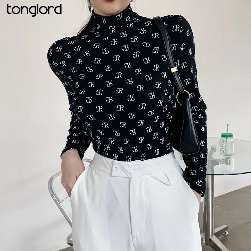 

Women Half Turtleneck T-Shirts 2021 Spring Autumn Long Sleeve Thick Bottoming Tops Female Letter Printed Tee Shirts Fashion