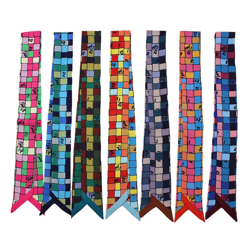 

Autumn and Winter Silk Scarf New Carriage Plaid Color Contrast Printing Wristband Bag Scarves Small Ribbon Lady