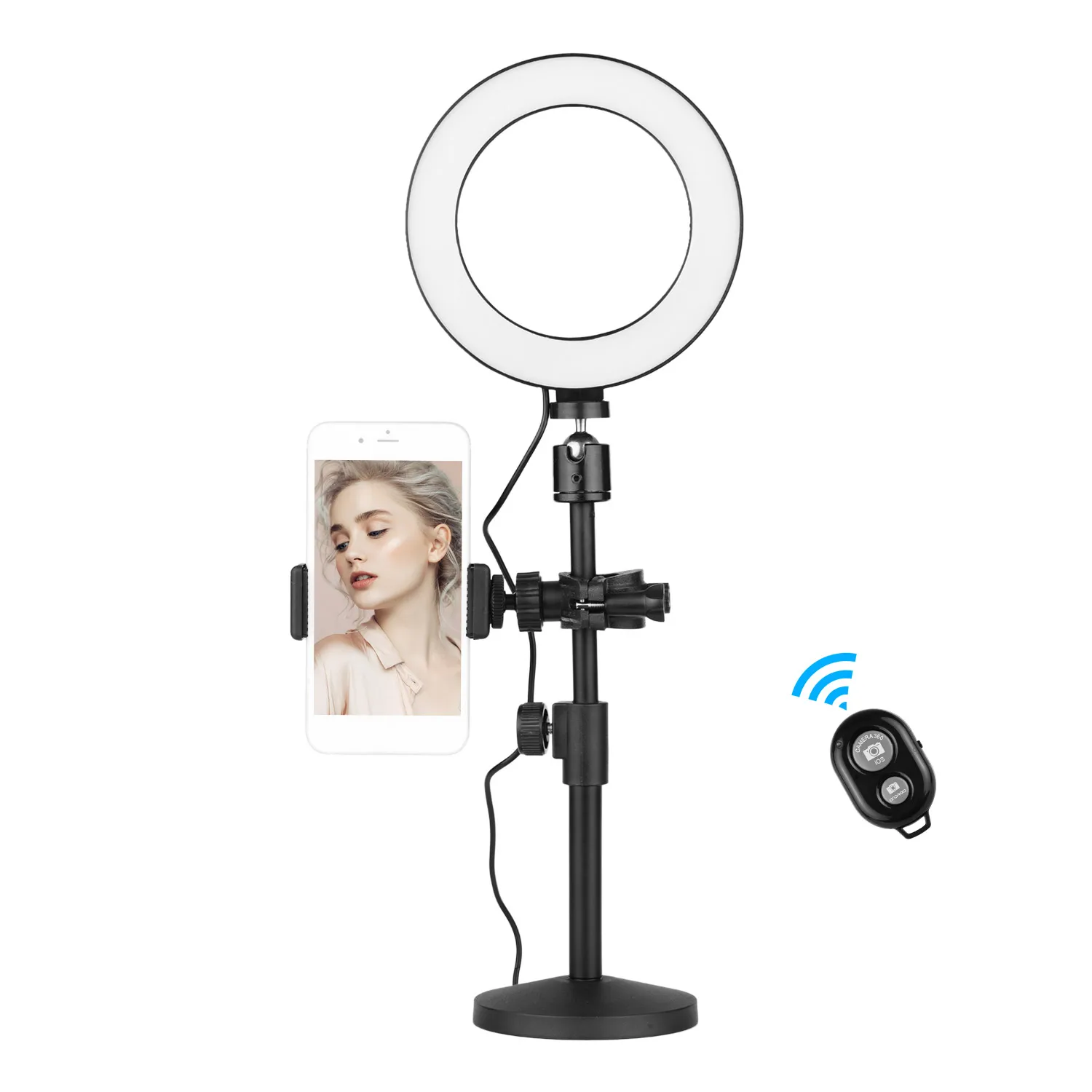 

16cm Bi-color Dimmable Tabletop LED Ring Light Kit with Mini Ball Head Round Disk Support Phone Holder Remote Control for Live