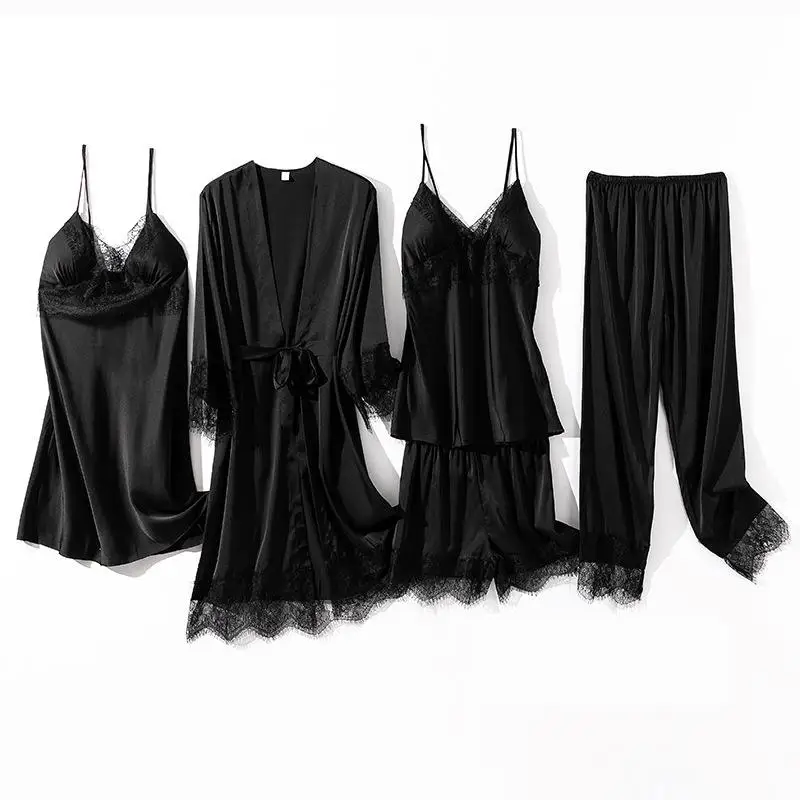 

Women Pajamas Suit White Spring New Kimono Gown Lace Trim Sleepwear Loose Satin Sleep Set Thin Casual Home Clothing Rayon