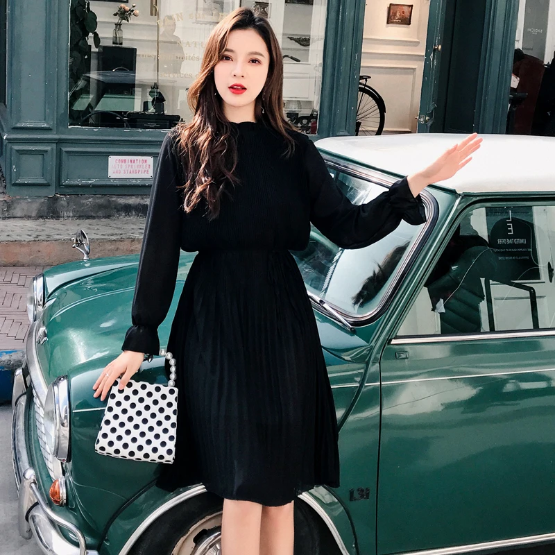 Женское шифоновое платье с длинным рукавом и поясом плиссированное со стоячим