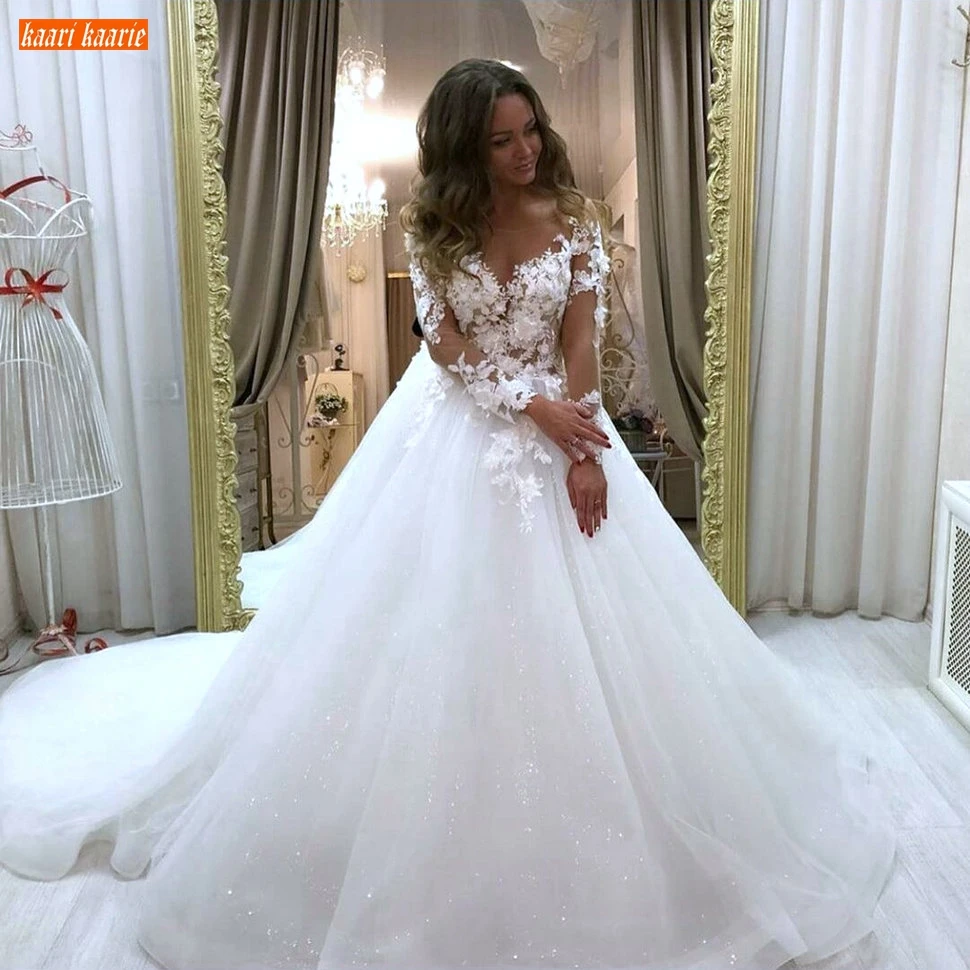 

Sexy Wedding Dresses Long Sleeves Lace Appliqued Robe De Mariee Tulle Ball Gown Vestido De Noiva 2020 Custom Made Wedding Gowns