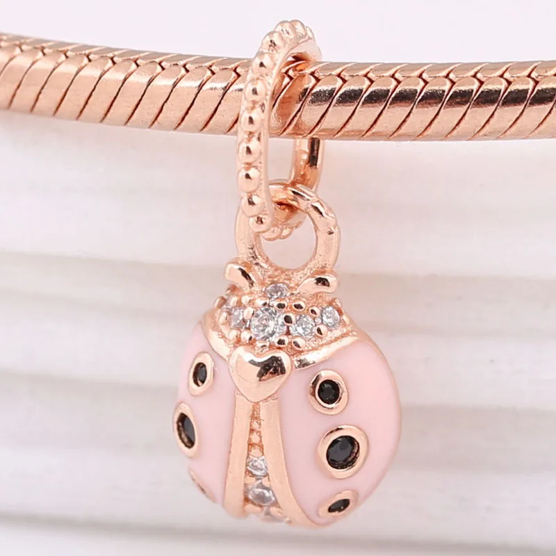 

New 925 Sterling Silver Charm Rose Gold Lucky Pink Ladybird Necklace Pendant Bead Fit Original Bracelet Necklace DIY Jewelry