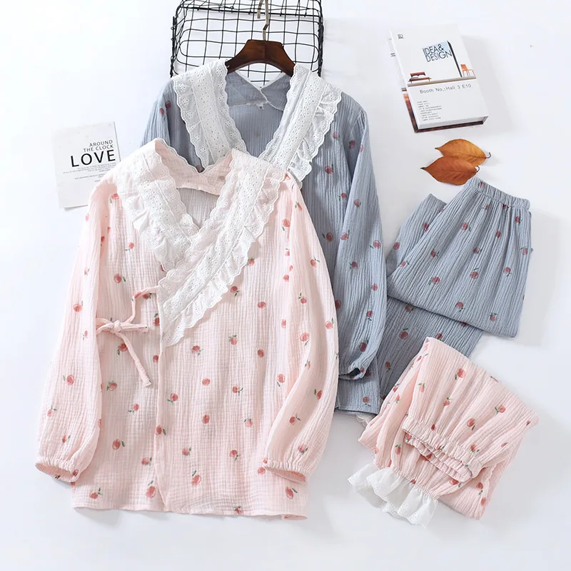 

Japanese Kimono Conjuntos De Pijama Femenino Spring/summer Pure Cotton Gauze Crepe Homewear Fashion Two-piece Women Pyjamas Set