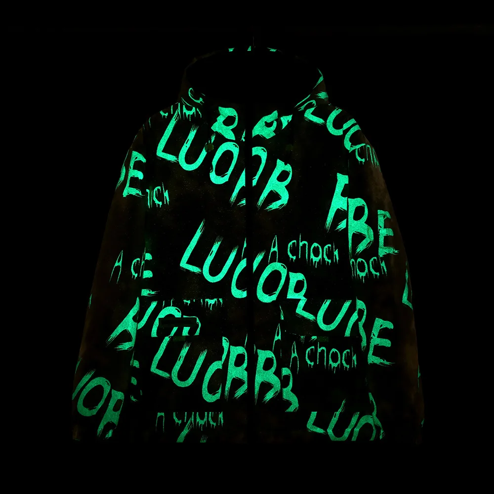 Men's Fashion Fluorescent Letters Print Hooded Cotton Jacket  New Youth Large Size Workwear Jacket Men Winter Coats Streetwear