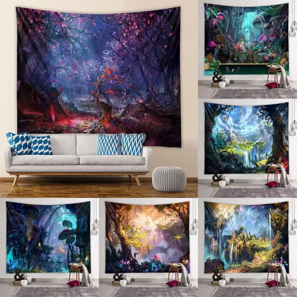 

Tree Forest Castle Waterfall Wall Hanging Tapestry Blanket Mat Backdrop Decor