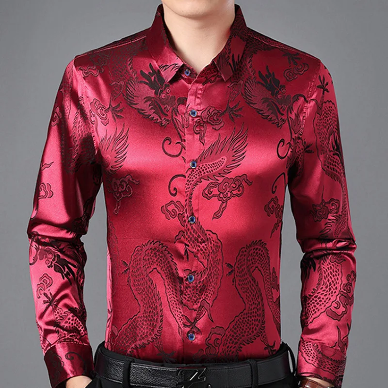 

Dragon Pattern Shirt Men Metallic Shinny Imitation Silk Long Sleeve Dress Mens Shirts Casual Business Brand Camisa Chemise Homme