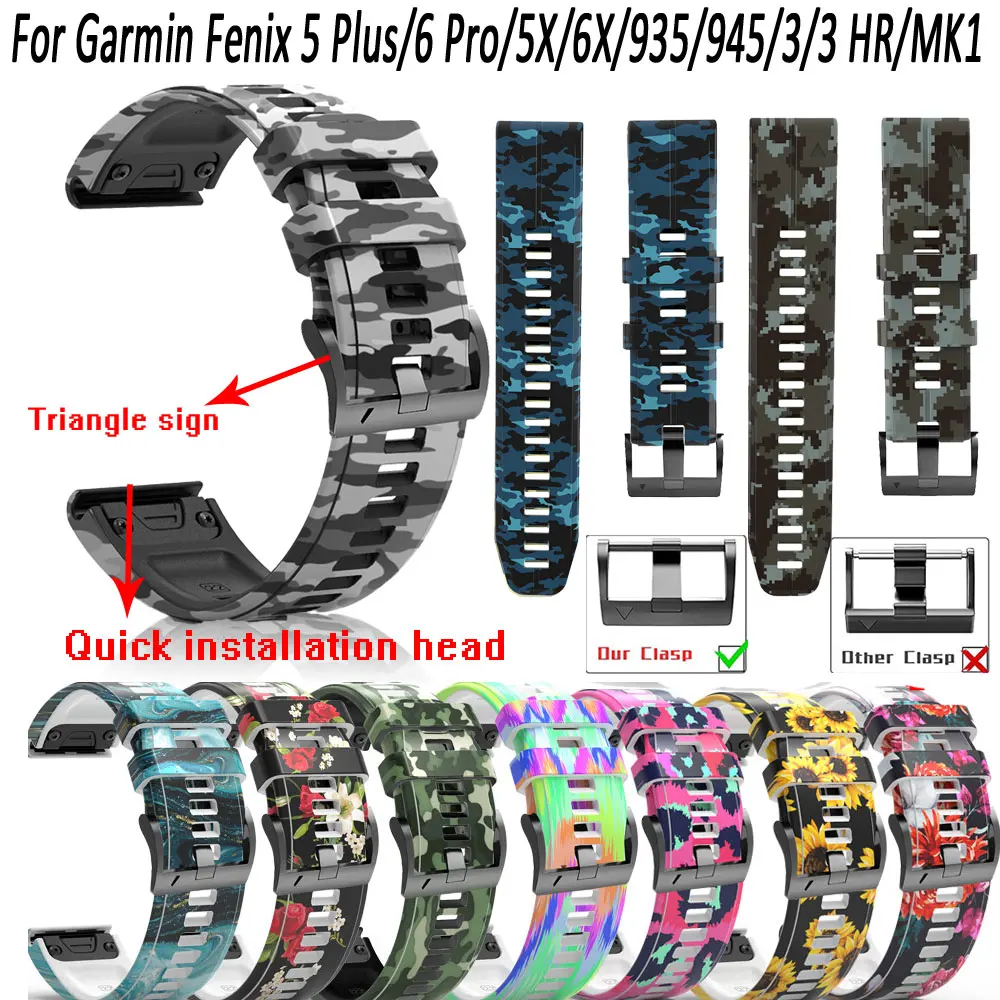 

26/22mm Sport Silicone Watchband Wriststrap For Garmin Fenix 6X 6 Pro 5X 5 5 Plus 3 3HR Printing Easy Fit Quick Releasewirstband