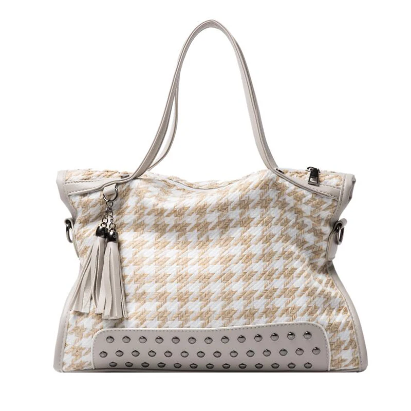 

Celebrity Tassel Wool Handbags Women Big Capactiy Shoulder Messenger Bag 2021 Fashion Houndstooth Designer Handbag Shopper Tote