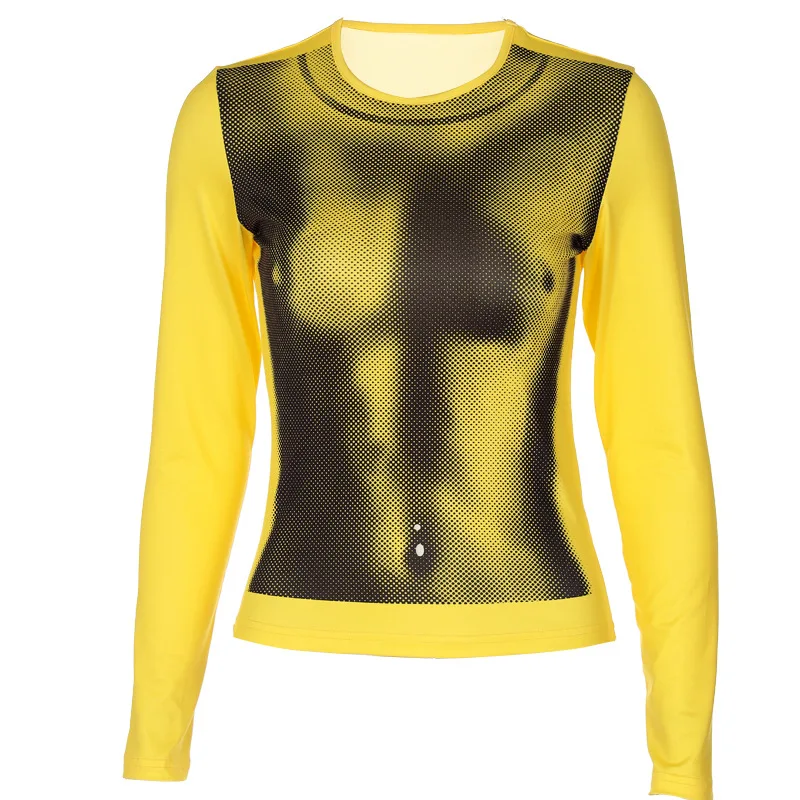

European and American Women's 2021 New Autumn Fashion Printing All-match Round Neck Long-sleeved T-shirt Slim Top Graphic Tee