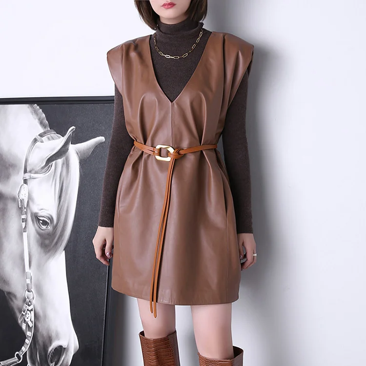 

Женское платье из овечьей кожи, повседневное прямое платье без рукавов с V-образным вырезом и свободным поясом, осень 2021