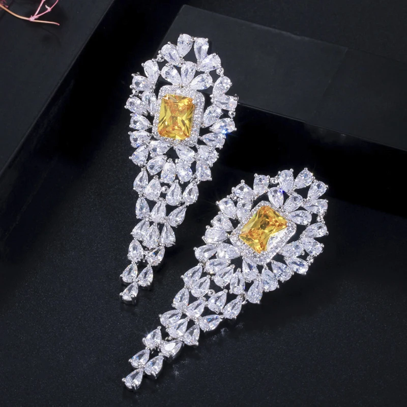 

ThreeGraces Роскошные желтые фианиты длинные висячие Висячие свадебные серьги для свадьбы и помолвки для женщин бижутерия ER228