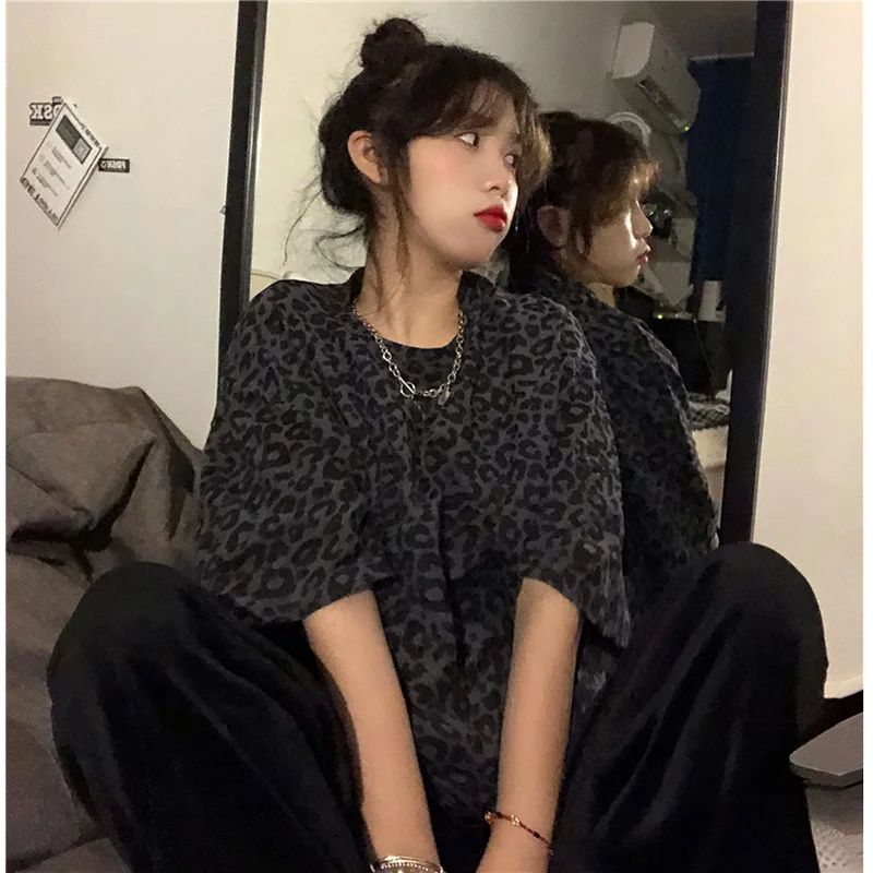 

Leopard Print Short Sleeve T-shirt Women's Spring and Autumn Korean Style Loose All-Matching Slimming Students Thickened