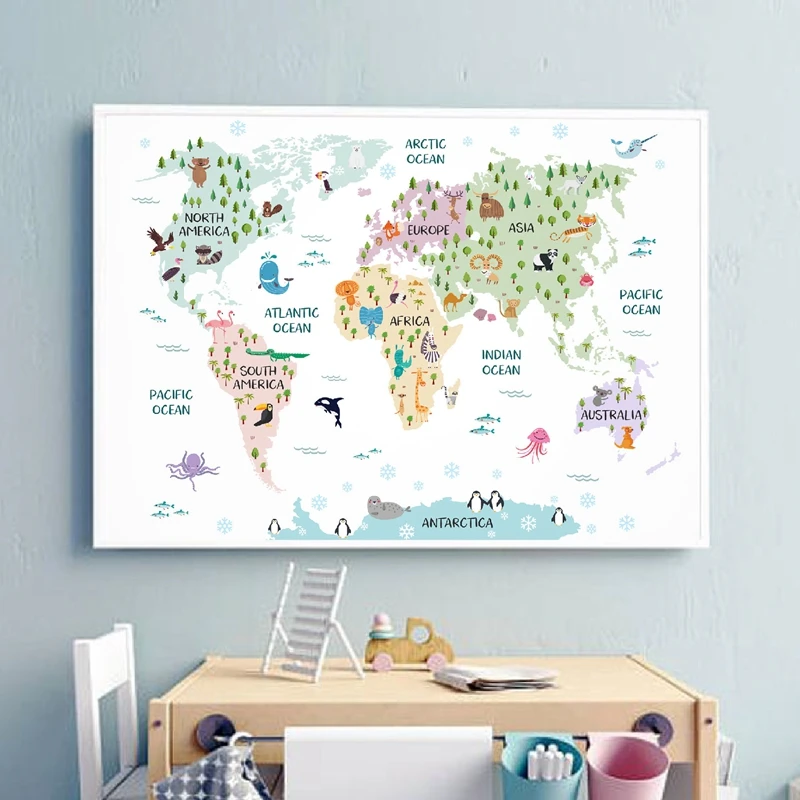 

World Map Poster Prints Pastel Nursery Decor Safari Animal Theme World Map Wall Art Canvas Painting for Kids Room Decoration