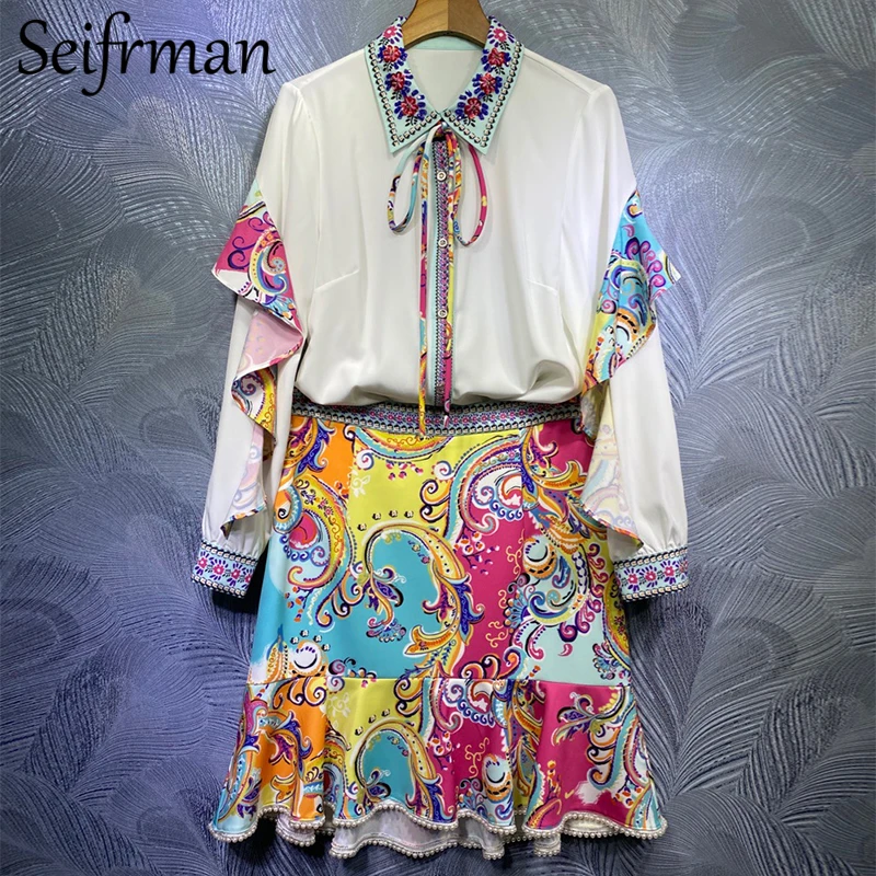 

Seifrmann Women Summer Fashion Designer Party Skirts Set Ruffles Long Sleeve Loose Blouses+High Waist Skirts 2 Two Pieces Suits
