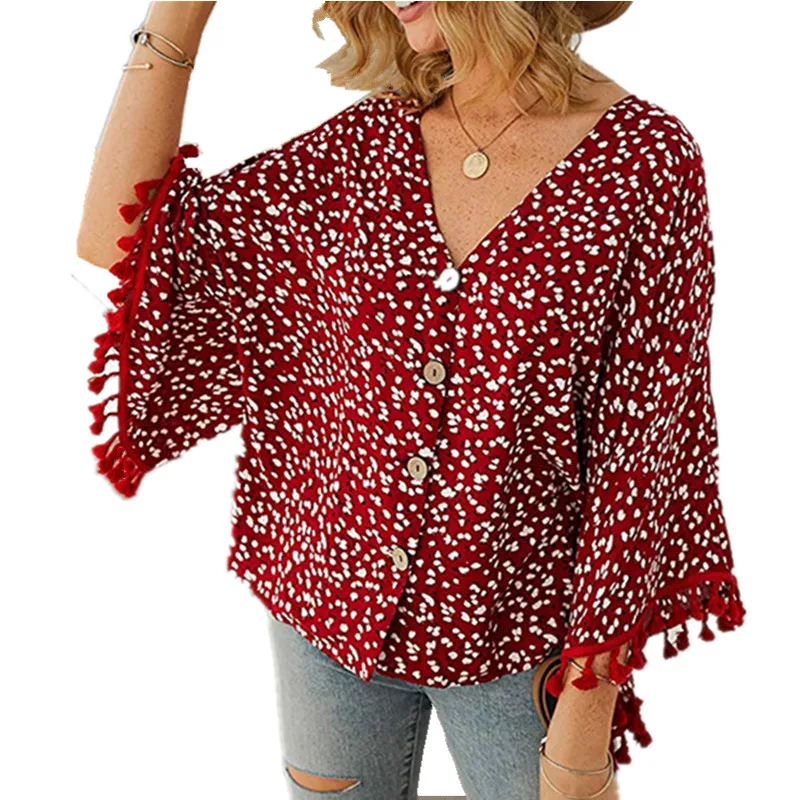 Шифоновые Топы с принтом Женская Осенняя блузка 2020 размера плюс модная туника v