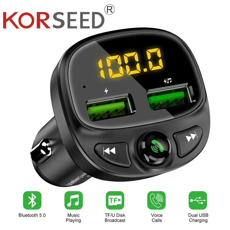 

Автомобильное зарядное устройство KORSEED, FM-передатчик Bluetooth 5,0, двойной USB-разъем, беспроводной, громкая связь, автомобильный комплект, FM-радио...