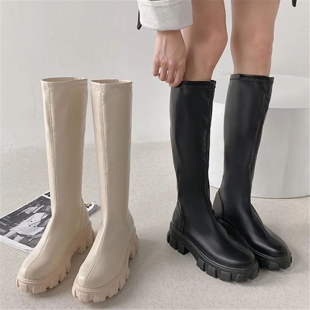 

Женские сапоги до колена на платформе, мягкие кожаные, Нескользящие, на толстой подошве, высокие сапоги, бежевые, Осень-зима