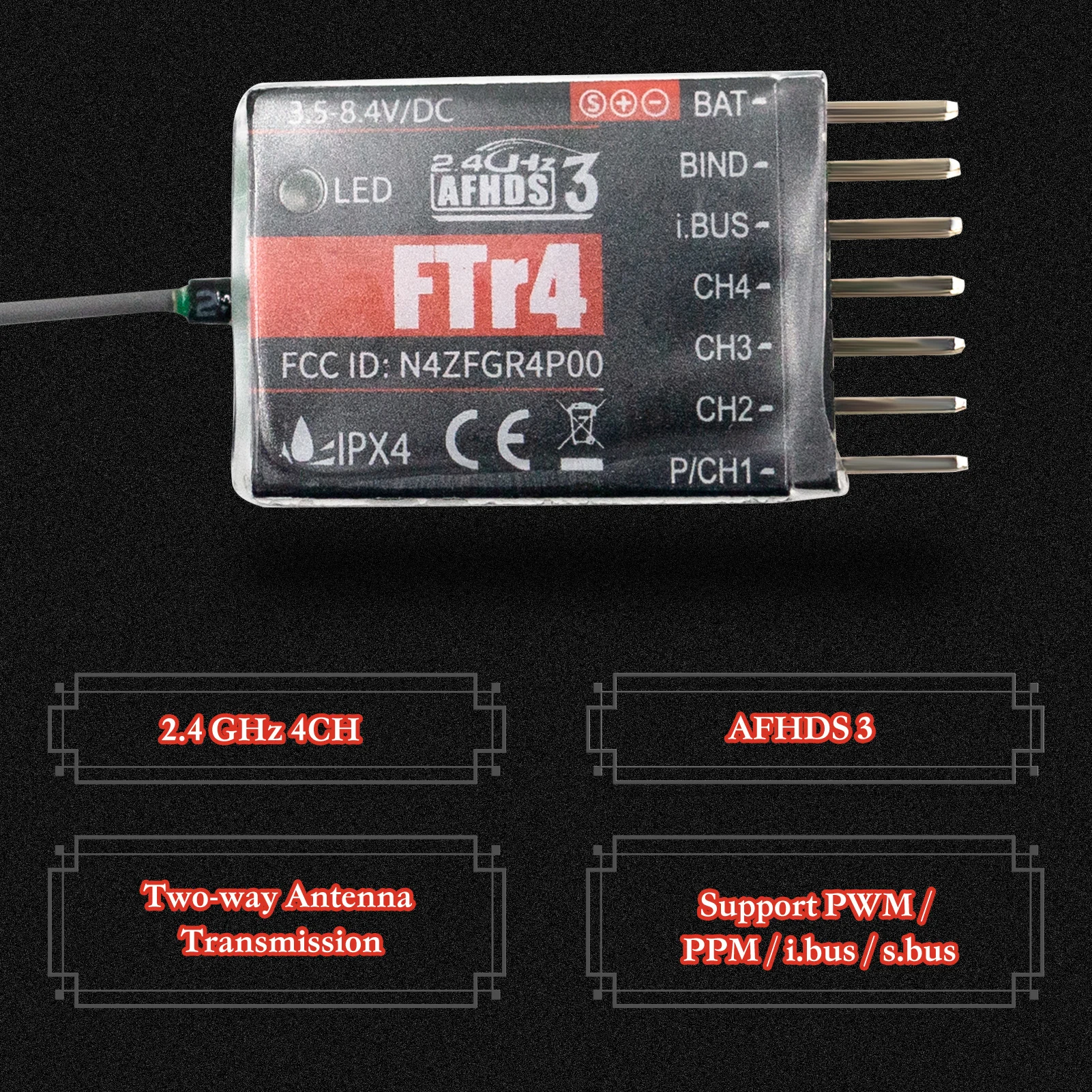 

Flysky FTR4 Receiver 2.4 GHz 4CH AFHDS 3 RC Receiver for NB4 PL18 RC Airplane Gliders RC Drone Support PWM / PPM / i.bus / s.bus