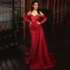 Серен Хилл красный атлас Русалка Вечерние платья 2021 с длинным рукавом Бисероплетение сексуальное формальное платье дизайн LA70707