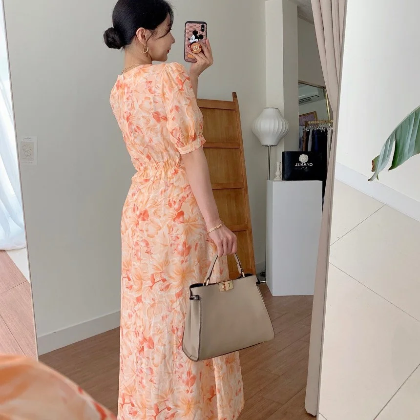 

Korean Chic Elegant Cross V-neck Design Sense Lace-up Waist-Controlled Slimming Mid-Length Color Puff Sleeve Dress