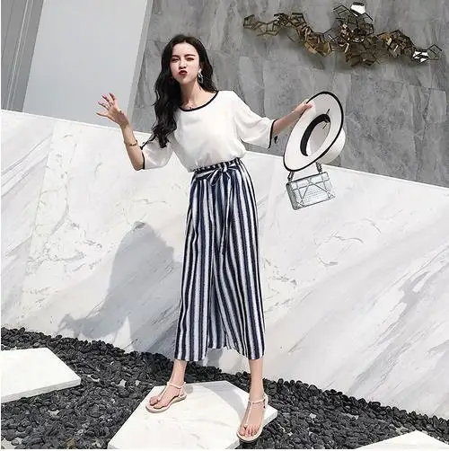 Новые летние 2019 Для женщин модные комплекты одежды в полоску из двух предметов