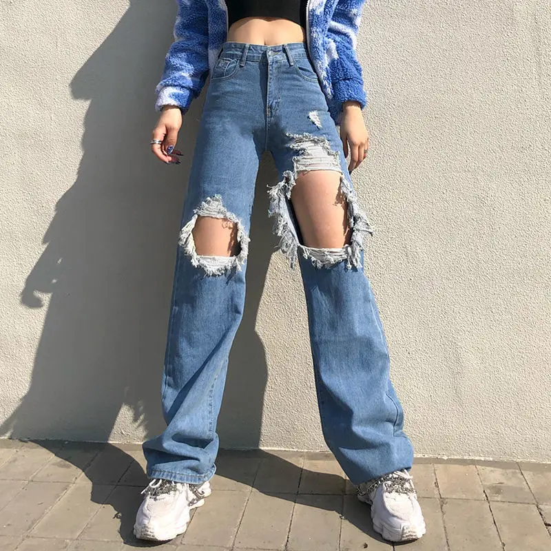 

Hot Girl Personalized Street Shot Raw Hem Ripped High Waist Jeans Women Loose Slimming Straight Pants jeans for women