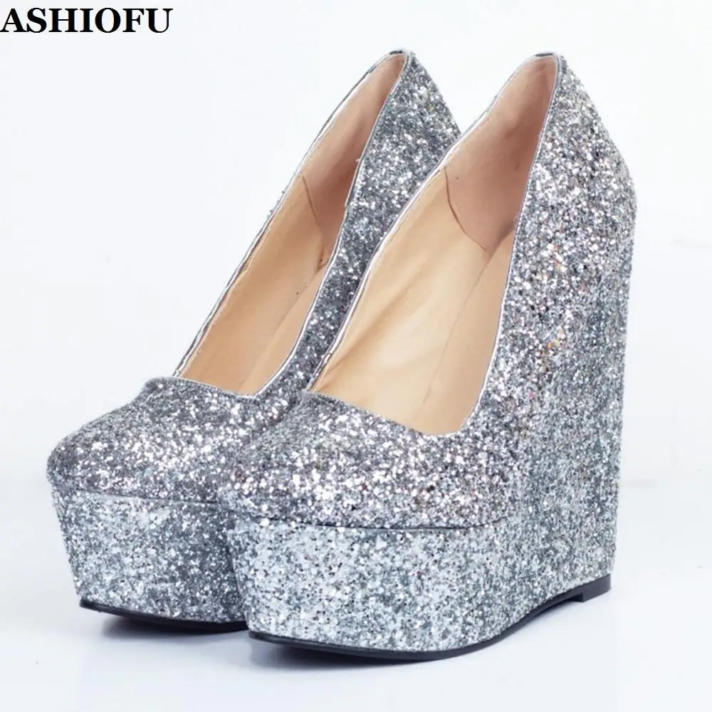 

ASHIOFU Handmade Wadge Heel Pumps Glitter Nubuck Leather Party Dress Shoes Sexy Evening Club Fashion Pumps Court Shoes XD087