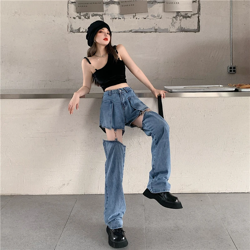 

High Waisted Loose Jeans Women Spring Autumn Slim Fit Pants Loose Wide Leg Pants New Style Female Detachable Short Pants