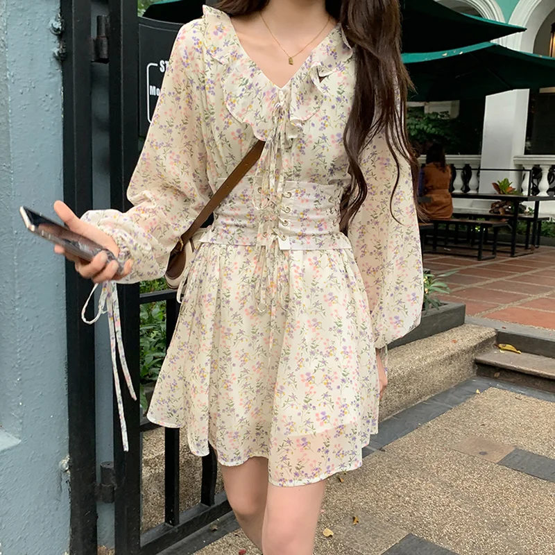 

Sweet Floral Print Dress Women Cute Elegant Bandage Ruffles Fairy Dress Female Casual High Street Beach Summer Korean Dress 2021