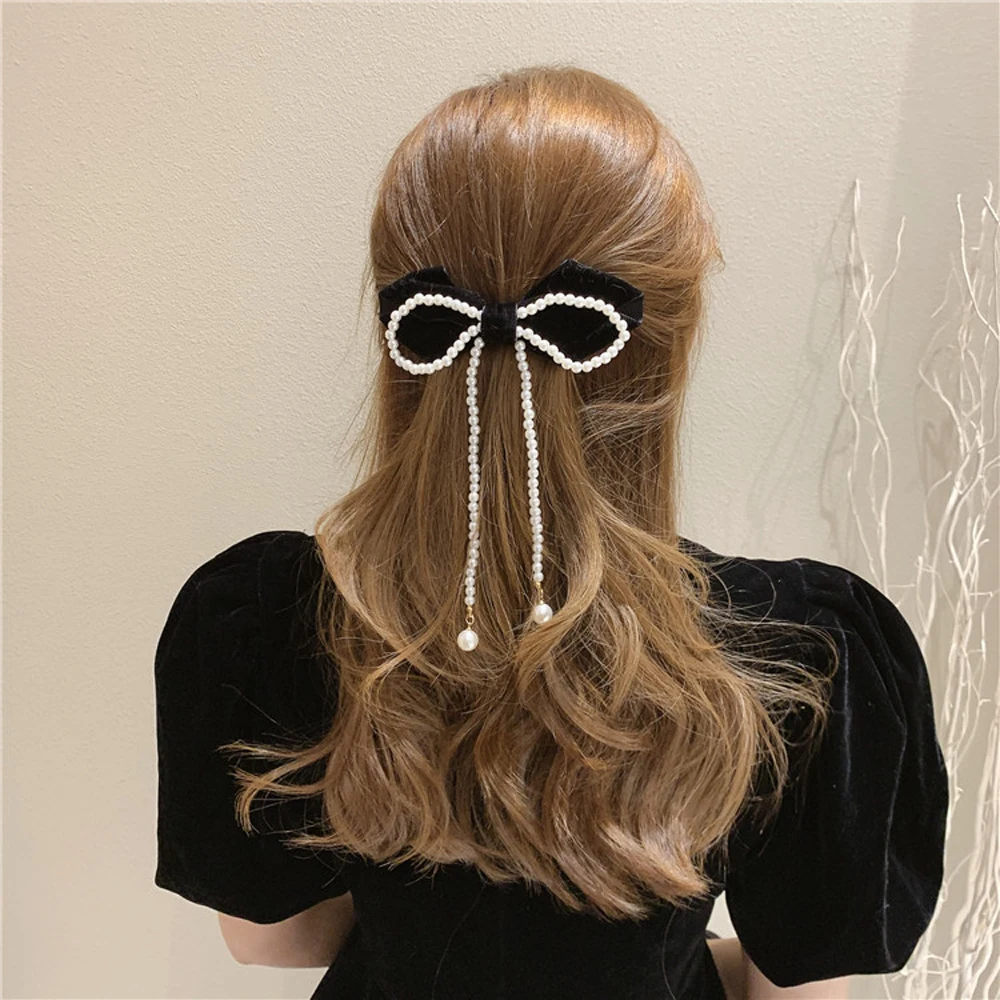 

Fashion Imitation Pearl Hair Clips Knotting Headdress Bow Velvet Hairpins Solid Color Tassel Hair Accessories Ponytail Holder