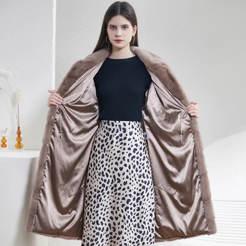

2020 new arrival real mink coat, winter women brown mid-length lapel fashion warm all-fur mink fur coat