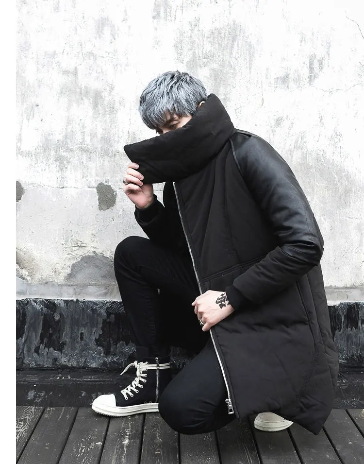 

High quality men winter long jacket personality leather patchwork coat mens nightclub singer stage costume boys padded parka